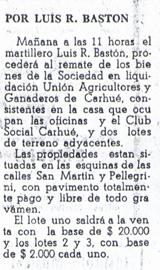 1943. Remate de instalaciones. Union agricultores ganaderos carhue