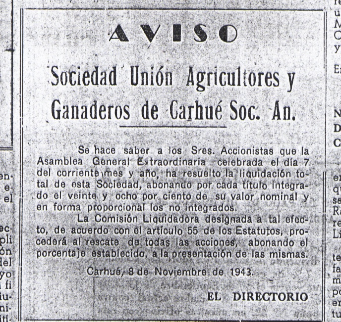 1943. Union agricultores ganaderos carhue