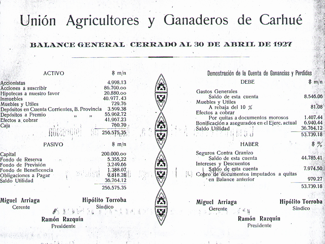 1927. Balance de la Unión Agricultores y ganaderos de Carhue Union agricultores ganaderos carhue