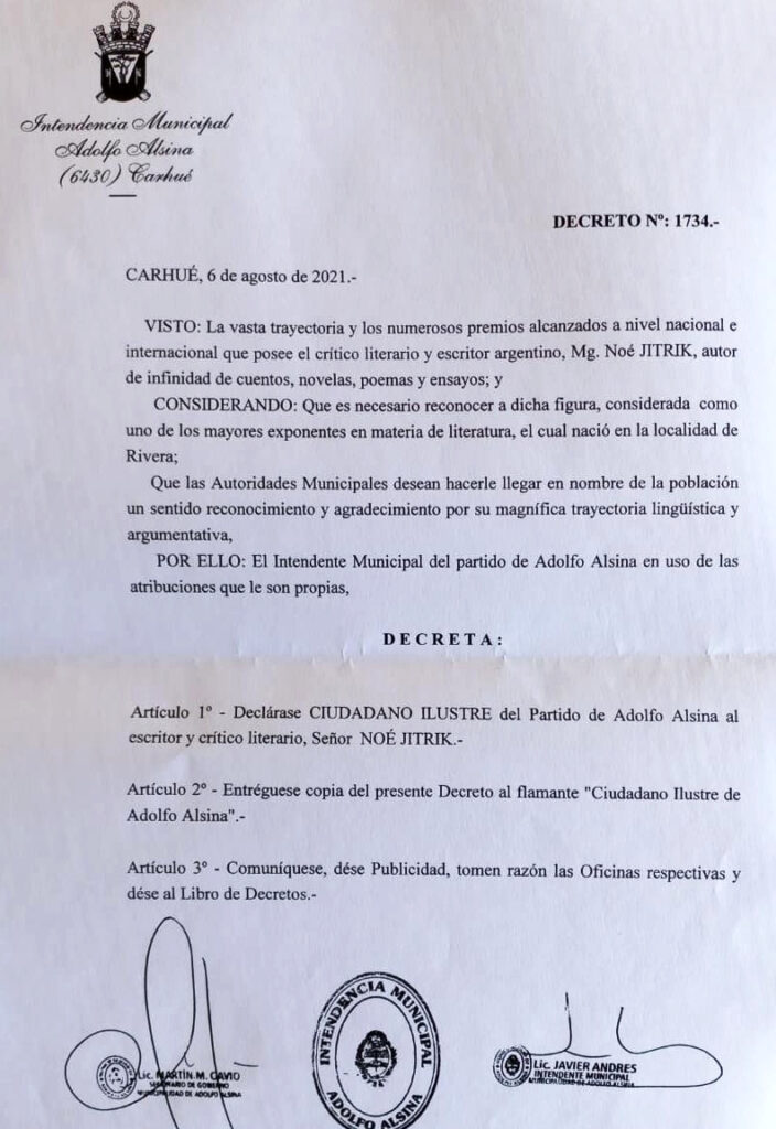 NOE JITRIK CIUDADANO ILUSTRE ALSINA